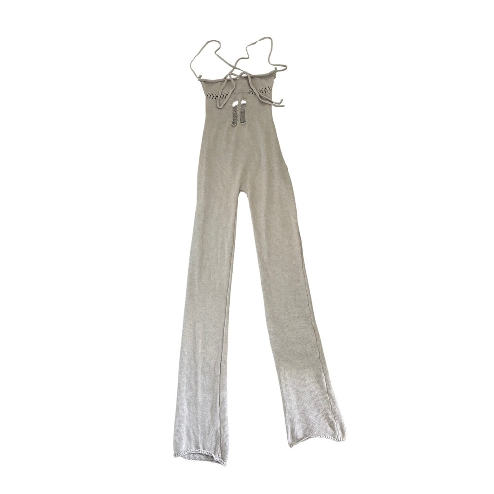 Beige Knit Halter Jumpsuit Pointelle Cut Out Detail Straight Leg Neutral